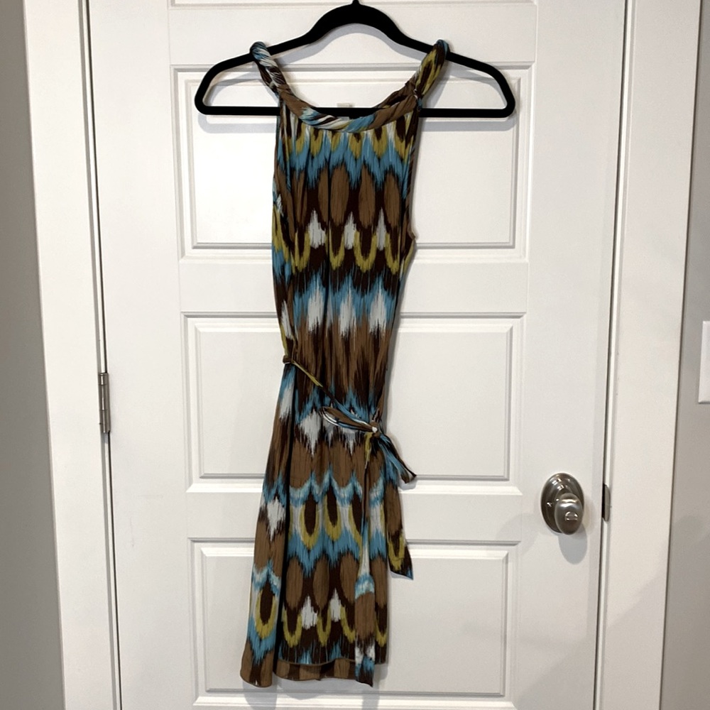 Banana Republic Silk Swing Dress - turquoise, brown, cream - Size M